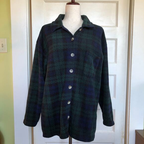 Vintage 90s Mountain Lake II Fleece Button Down Shirt Jacket 1X Blackwatch Plaid - Picture 2 of 9